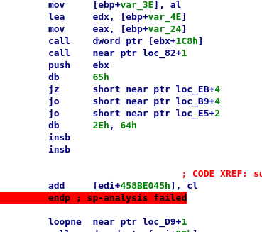 Inlined string leading to a broken disassembly