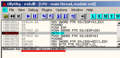 Screenshot of OllyDbg at the final ret